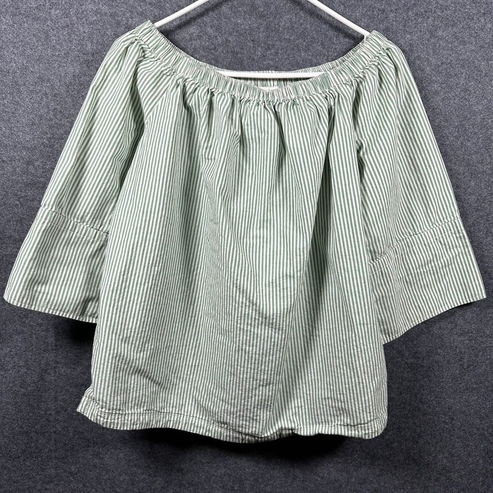 Free Assembly Green Striped Off Shoulder Blouse Women's Medium Bell‎ Sleeve
